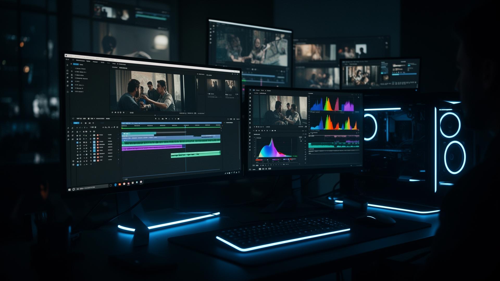 Cinematic video editing workspace with timeline and color grading